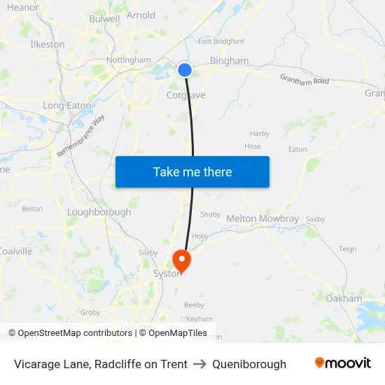 Vicarage Lane, Radcliffe on Trent to Queniborough map