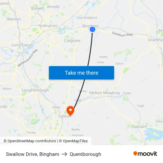 Swallow Drive, Bingham to Queniborough map