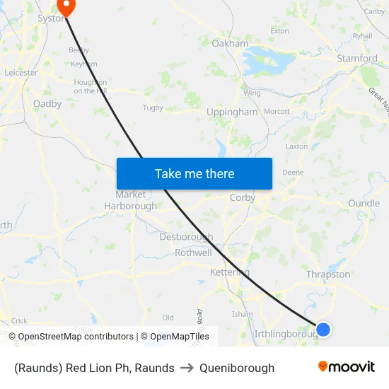 (Raunds) Red Lion Ph, Raunds to Queniborough map