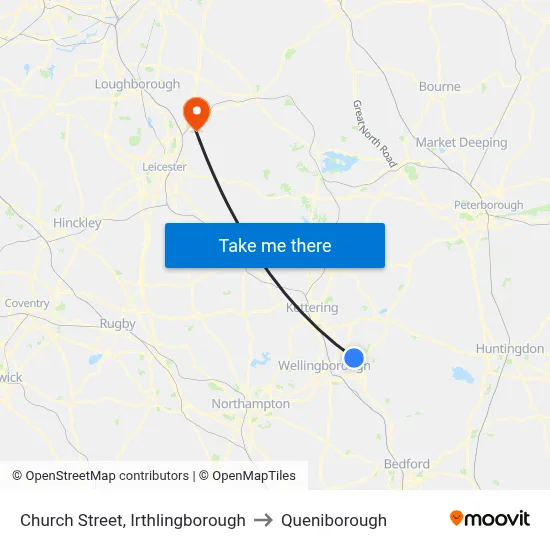 Church Street, Irthlingborough to Queniborough map