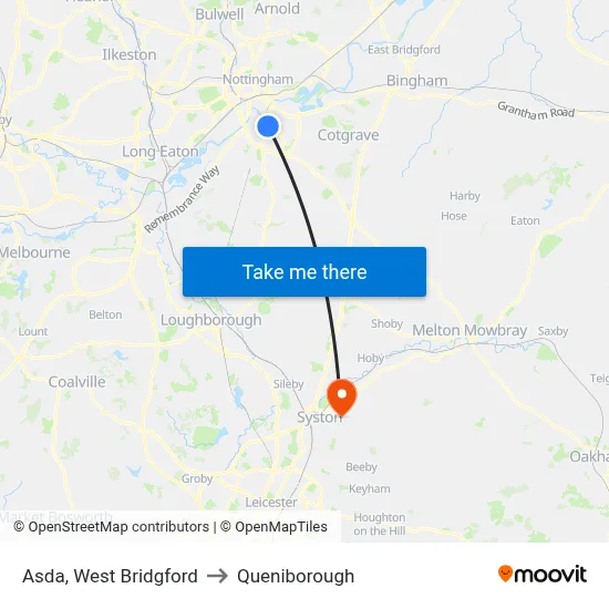 Asda, West Bridgford to Queniborough map