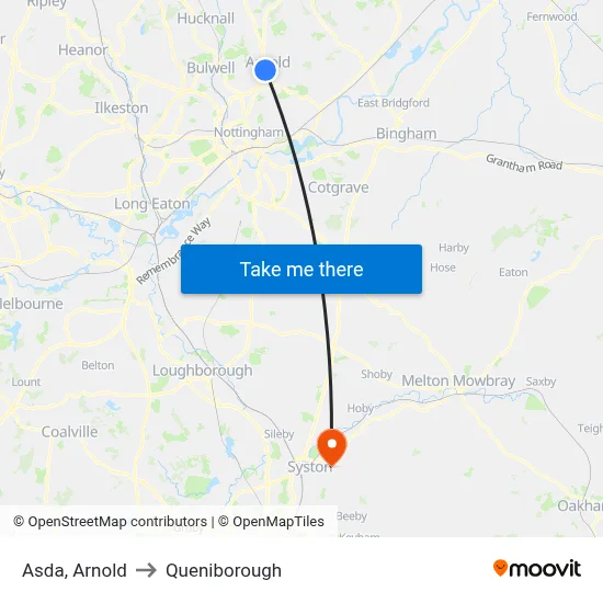 Asda, Arnold to Queniborough map