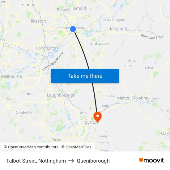 Talbot Street, Nottingham to Queniborough map