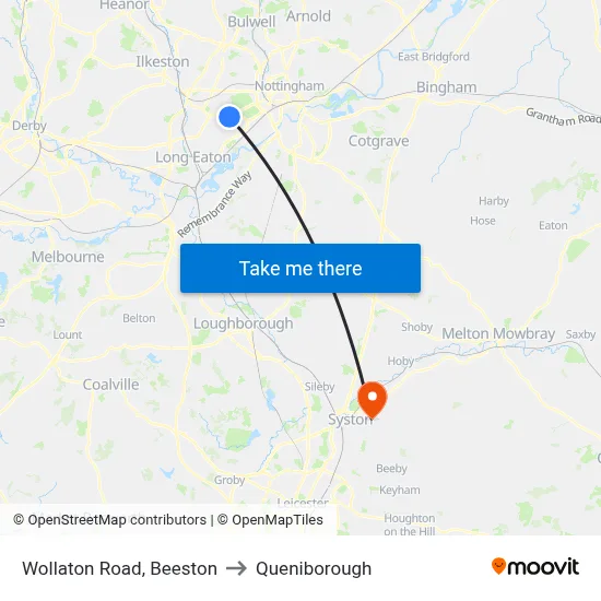 Wollaton Road, Beeston to Queniborough map