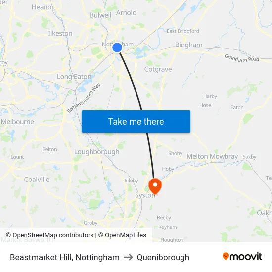 Beastmarket Hill, Nottingham to Queniborough map
