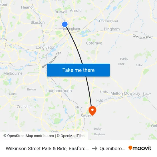 Wilkinson Street Park & Ride, Basford (Ba84) to Queniborough map