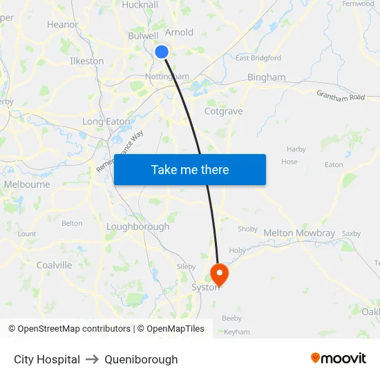 City Hospital to Queniborough map