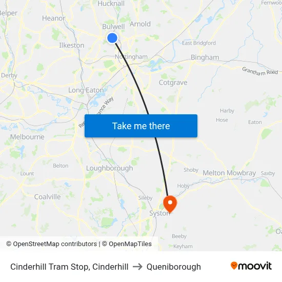 Cinderhill Tram Stop, Cinderhill to Queniborough map