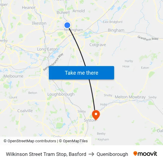 Wilkinson Street Tram Stop, Basford to Queniborough map