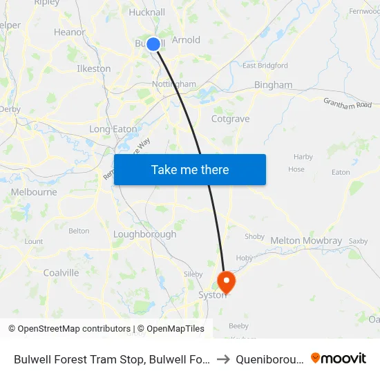 Bulwell Forest Tram Stop, Bulwell Forest to Queniborough map