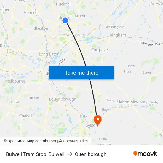Bulwell Tram Stop, Bulwell to Queniborough map
