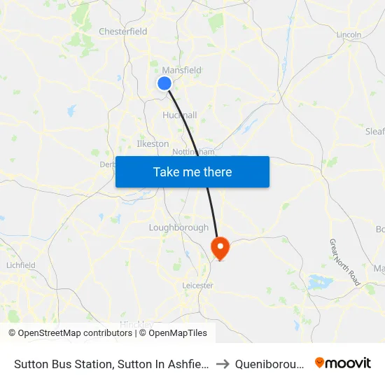 Sutton Bus Station, Sutton In Ashfield to Queniborough map