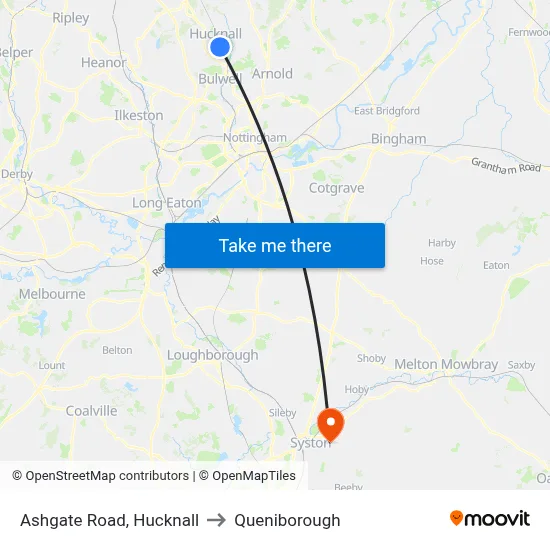 Ashgate Road, Hucknall to Queniborough map