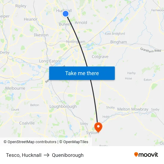 Tesco, Hucknall to Queniborough map