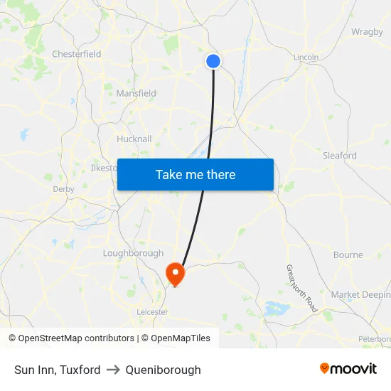 Sun Inn, Tuxford to Queniborough map