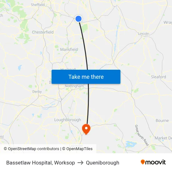 Bassetlaw Hospital, Worksop to Queniborough map