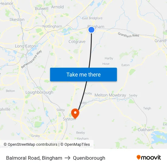 Balmoral Road, Bingham to Queniborough map
