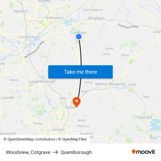 Woodview, Cotgrave to Queniborough map