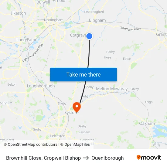 Brownhill Close, Cropwell Bishop to Queniborough map
