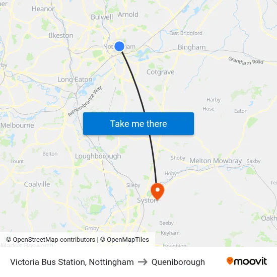 Victoria Bus Station, Nottingham to Queniborough map