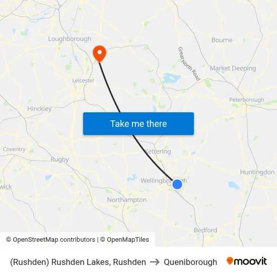 (Rushden) Rushden Lakes, Rushden to Queniborough map