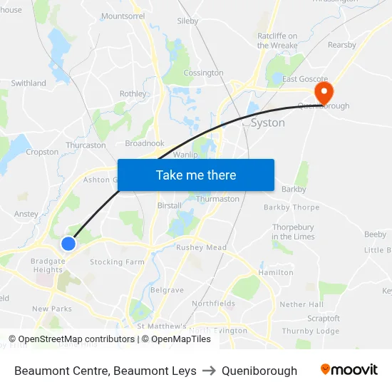 Beaumont Centre, Beaumont Leys to Queniborough map