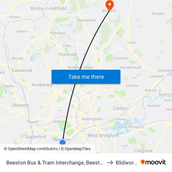 Beeston Bus & Tram Interchange, Beeston to Blidworth map