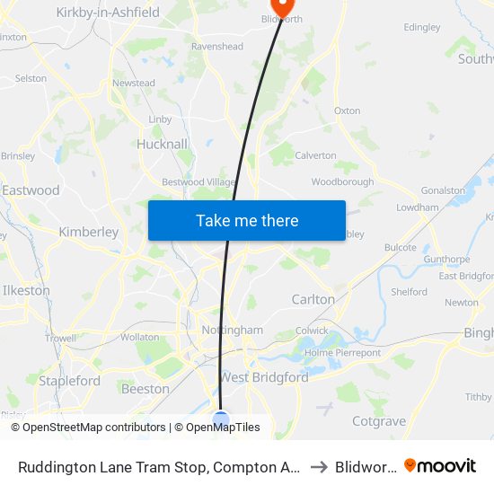 Ruddington Lane Tram Stop, Compton Acres to Blidworth map