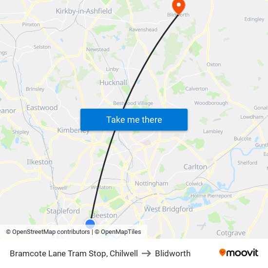 Bramcote Lane Tram Stop, Chilwell to Blidworth map