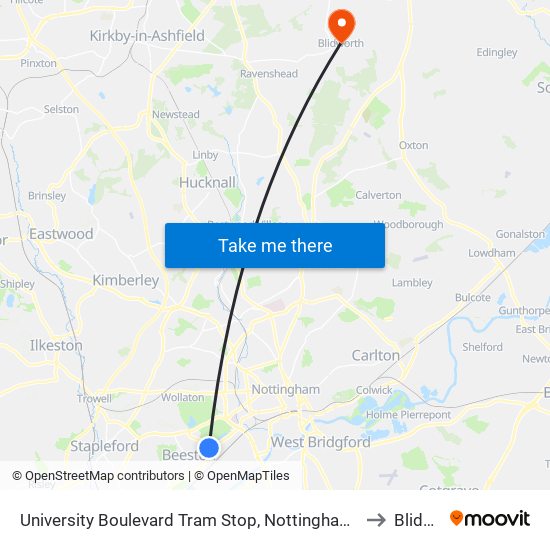 University Boulevard Tram Stop, Nottingham University Main Campus to Blidworth map