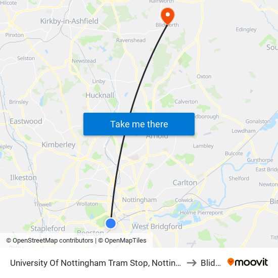 University Of Nottingham Tram Stop, Nottingham University Main Campus to Blidworth map