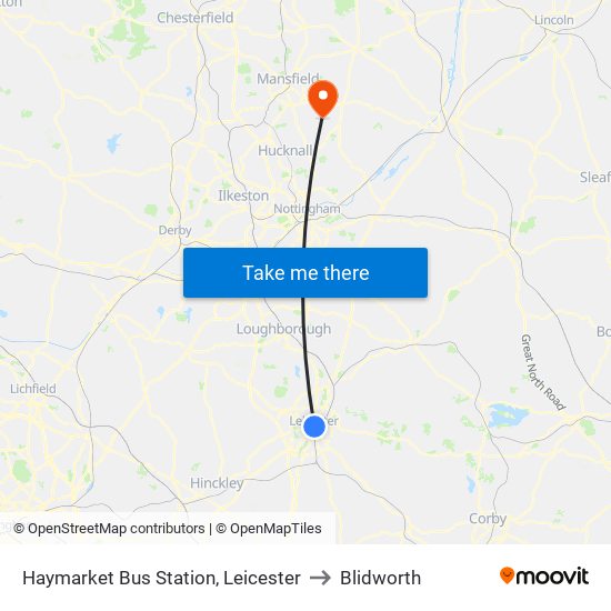 Haymarket Bus Station, Leicester to Blidworth map