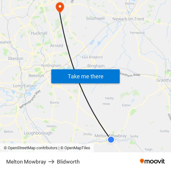 Melton Mowbray to Blidworth map