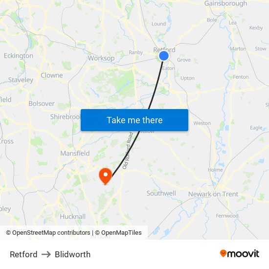 Retford to Blidworth map
