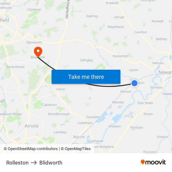 Rolleston to Blidworth map