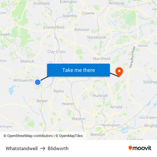 Whatstandwell to Blidworth map