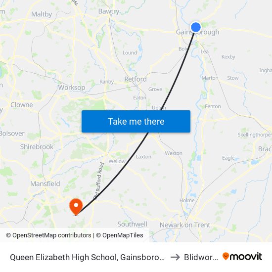 Queen Elizabeth High School, Gainsborough to Blidworth map