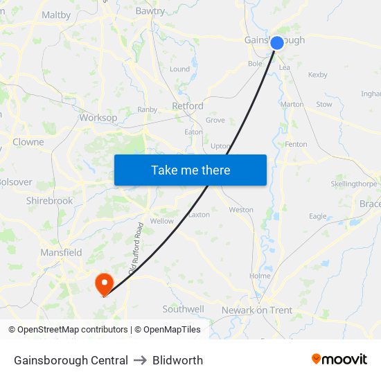 Gainsborough Central to Blidworth map