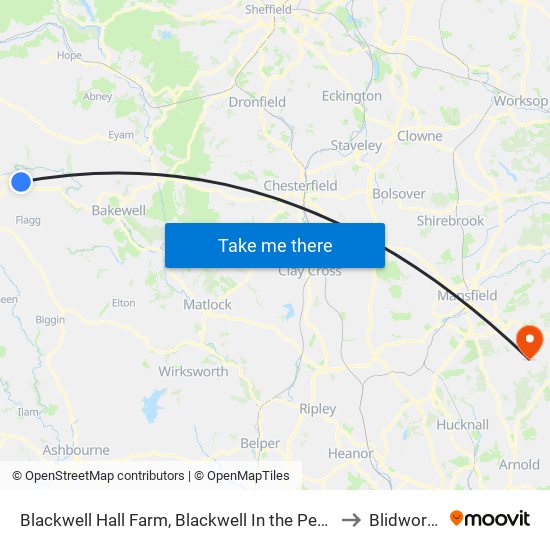 Blackwell Hall Farm, Blackwell In the Peak to Blidworth map