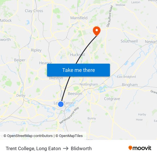 Trent College, Long Eaton to Blidworth map