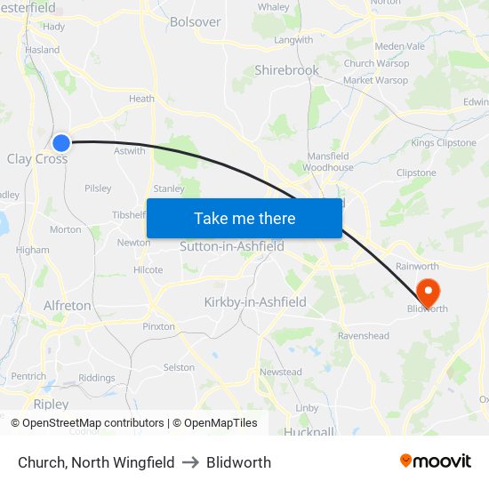 Church, North Wingfield to Blidworth map