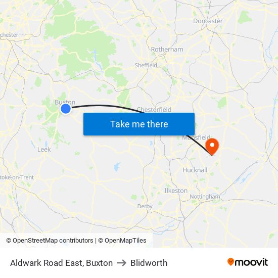 Aldwark Road East, Buxton to Blidworth map