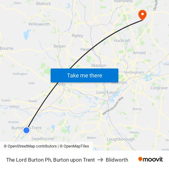 The Lord Burton Ph, Burton upon Trent to Blidworth map