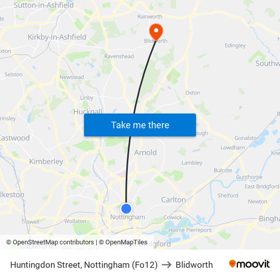 Huntingdon Street, Nottingham (Fo12) to Blidworth map