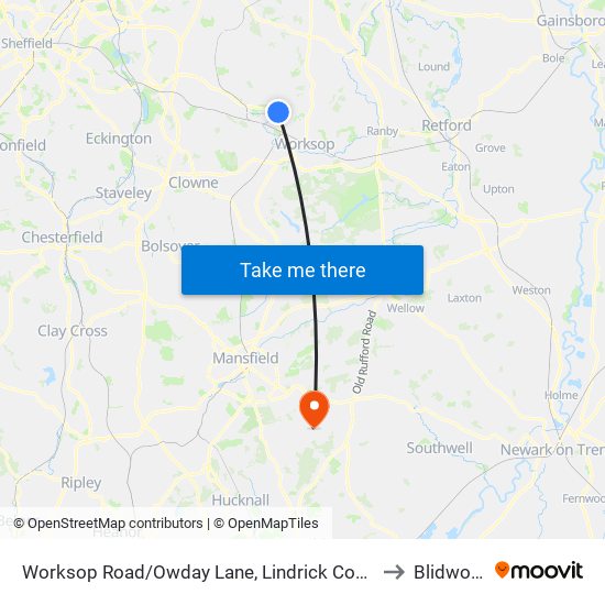 Worksop Road/Owday Lane, Lindrick Common to Blidworth map