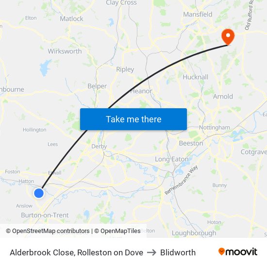 Alderbrook Close, Rolleston on Dove to Blidworth map