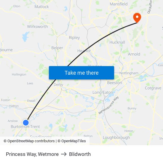 Princess Way, Wetmore to Blidworth map