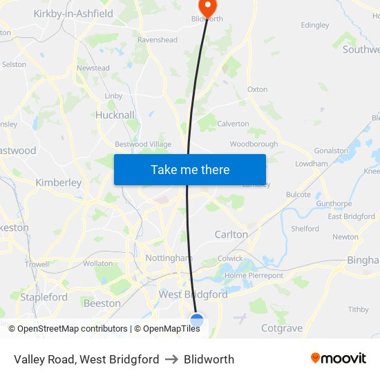 Valley Road, West Bridgford to Blidworth map