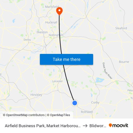 Airfield Business Park, Market Harborough to Blidworth map