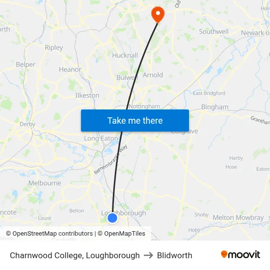Charnwood College, Loughborough to Blidworth map